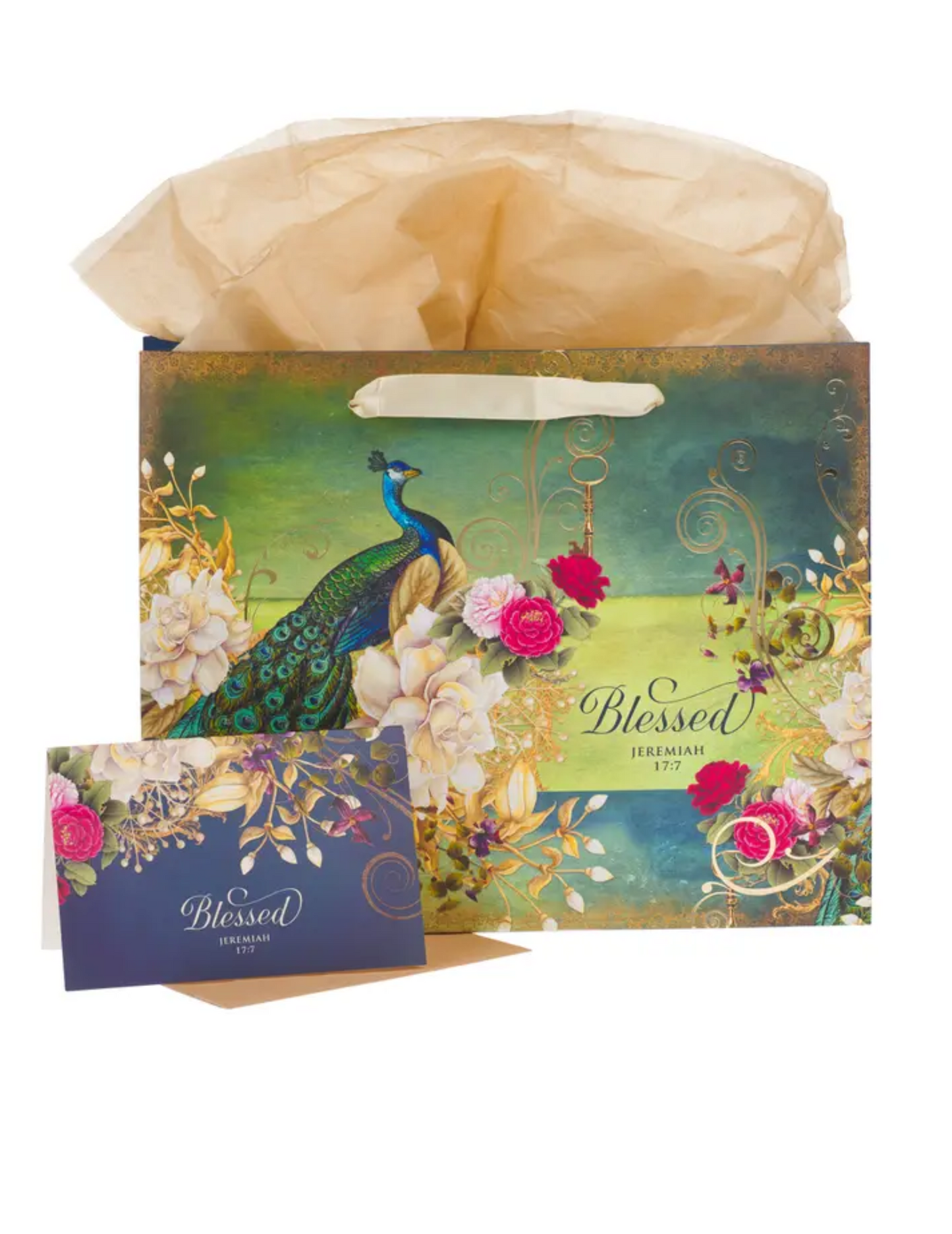 "Blessed" Peacock Gift Bag & Card Set – Jeremiah 17:7