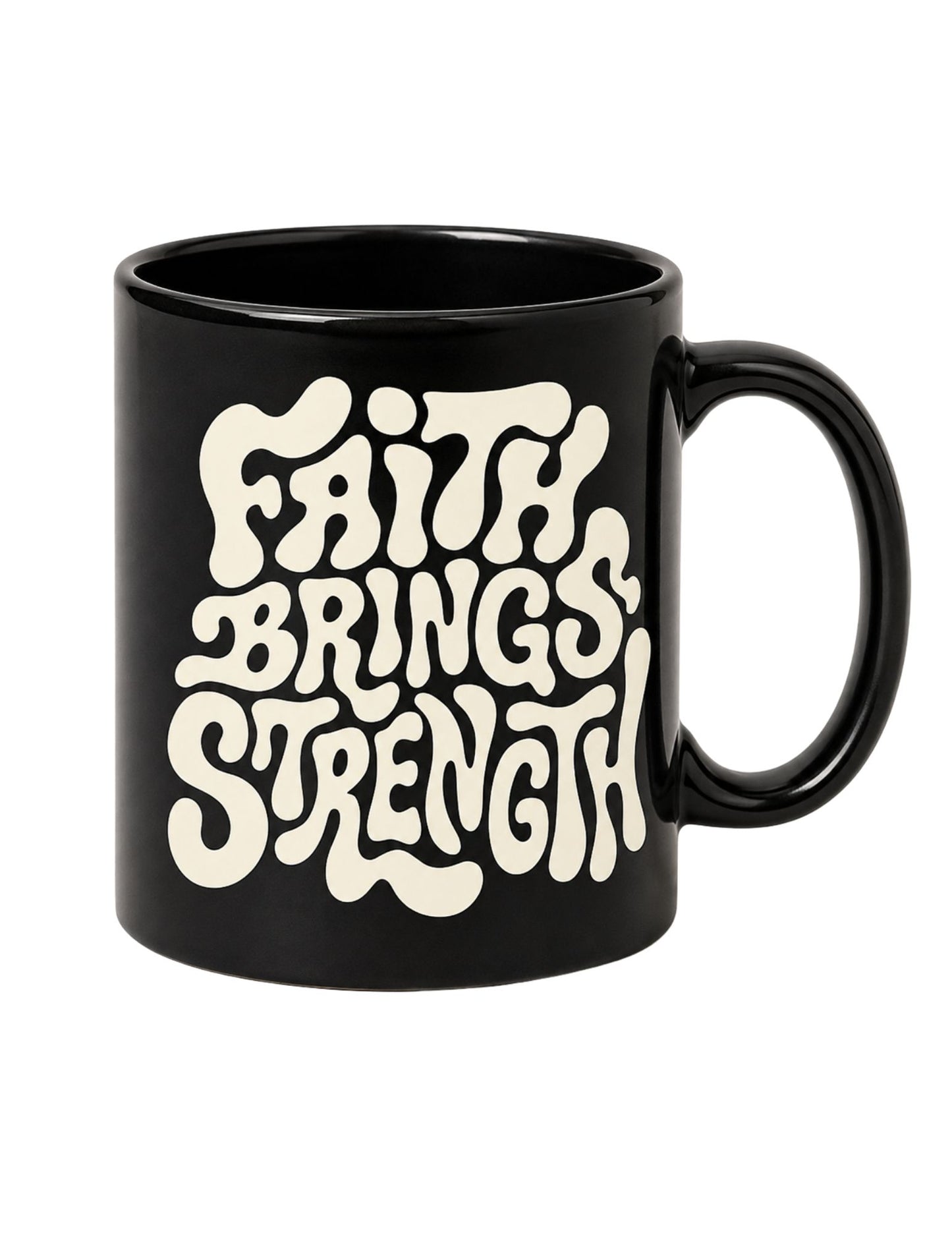 Faith Brings Strength Christian 12oz Coffee Mug – Black Bible Verse Gift