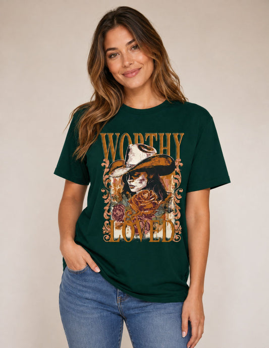 Worthy & Loved Christian Graphic T-Shirt – Dark Green