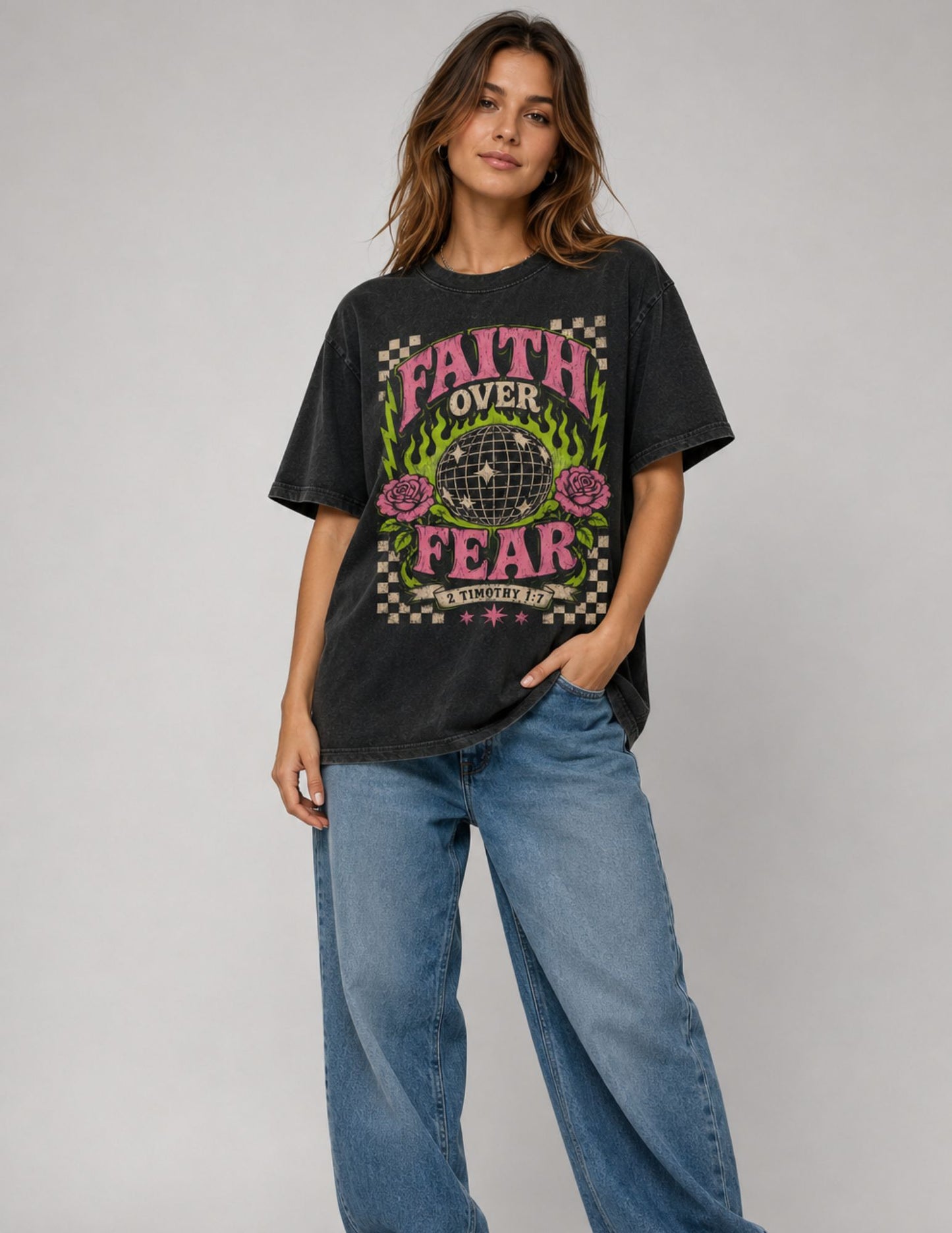 Faith Over Fear Christian Oversized Graphic Tee | 2 Timothy 1:7
