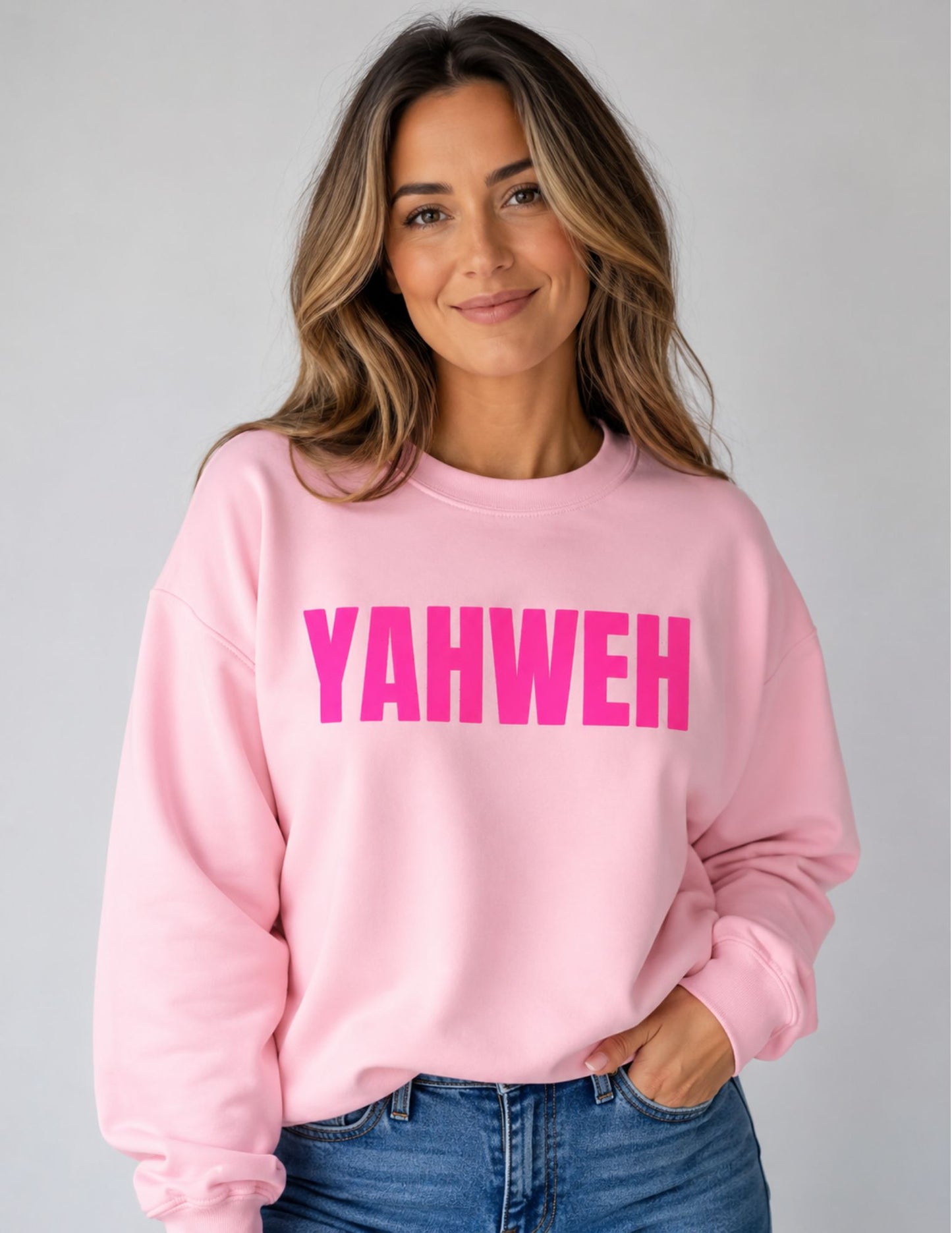 Yahweh Pink Puff Print Christian Crewneck Sweatshirt