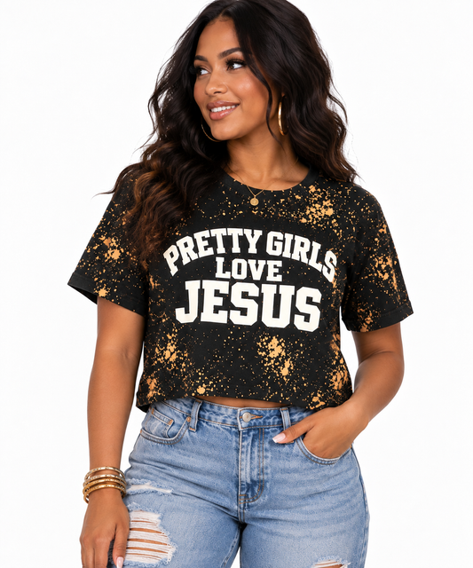 Pretty Girls Love Jesus Bleach Splatter Cropped Tee