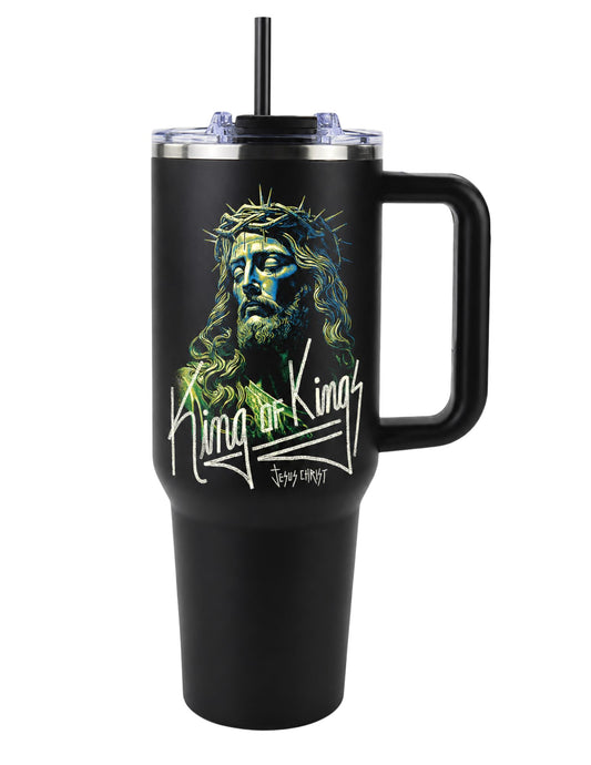 King of Kings Christian Tumbler for Men – Jesus Christ Travel Cup with Handle & Straw